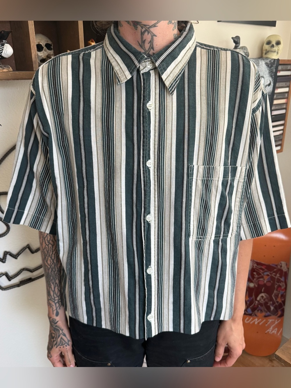 Vintage 90s Cropped Green Striped SS Button Down Shirt ~ Size XL